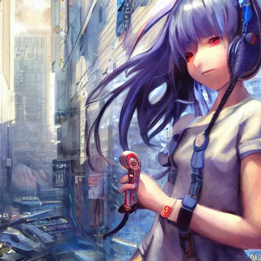 Image similar to dynamic composition, motion, ultra-detailed, incredibly detailed, a lot of details, amazing fine details and brush strokes, colorful and grayish palette, smooth, HD semirealistic anime CG concept art digital painting, watercolor oil painting of Clean and detailed post-cyberpunk sci-fi close-up schoolgirl in asian city in style of cytus and deemo, blue flame, relaxing, calm and mysterious vibes,, by a Chinese artist at ArtStation, by Huang Guangjian, Fenghua Zhong, Ruan Jia, Xin Jin and Wei Chang. Realistic artwork of a Chinese videogame, gradients, gentle an harmonic grayish colors. set in half-life 2, Matrix, GITS, Blade Runner, Neotokyo Source, Syndicate(2012), dynamic composition, beautiful with eerie vibes, very inspirational, very stylish, with gradients, surrealistic, dystopia, postapocalyptic vibes, depth of field, mist, rich cinematic atmosphere, perfect digital art, mystical journey in strange world