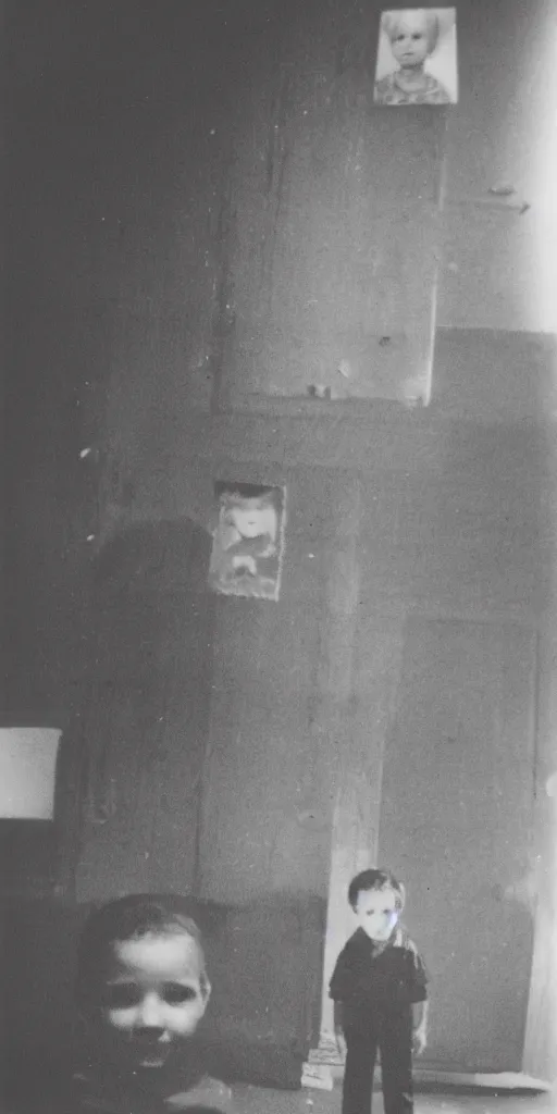 Image similar to found polaroid photo of a young boy with a horrifying figure looming behind him in a musty basement, detailed real photo