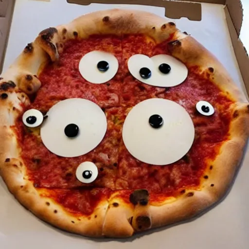 Prompt: A pizza with googly eyes smiling crookedly at the camera.