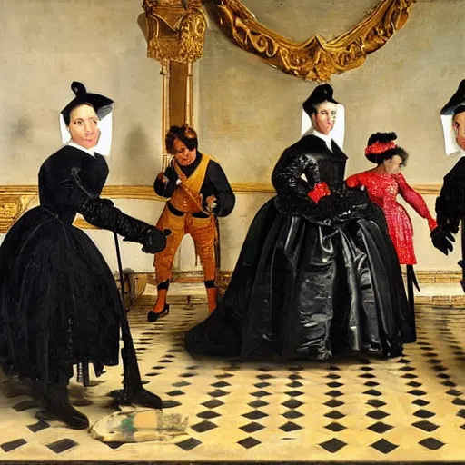 Prompt: velazquez painting the spanish royal family and their robotic maid, baroque style.