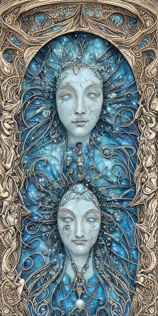 Prompt: intricate colourfully painted carved Soapstone relief paneling, pearl and pale blue toned, celestial, cosmos, galaxies, planets, divinity, moon goddess, mother earth, Earth Goddess mythology, Gaia, angels, dream atmosphere, Ghostly, crystaline celtic, insanly detailed , artstation, wallpaper, hyper realistic, realistic lighting