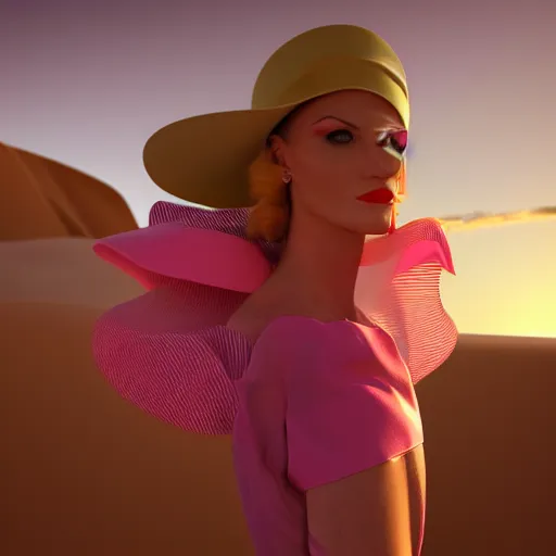 Image similar to innovative avant-garde art, deco fashion, british women, wearing pink, highly detailed, photorealistic portrait, serene desert setting, golden hour, crisp quality and light reflections, unreal engine 5 quality render