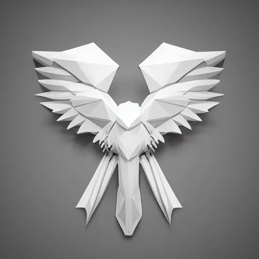 Image similar to isomorphic vector, low poly, white eagle icon, black background, cgsociety, volumetric lighting, artstationhq