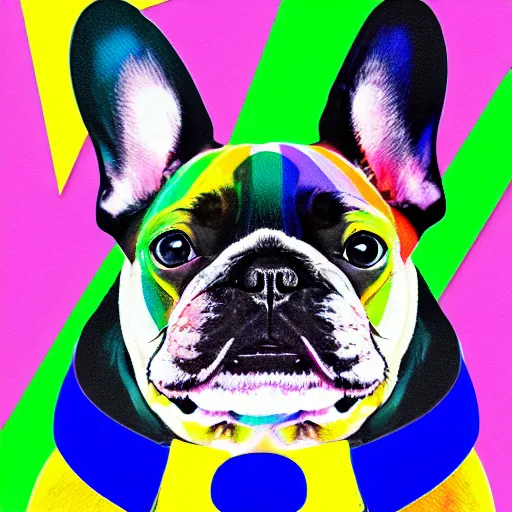 Prompt: rainbow excited smiling french bulldog using a computer. pop art.