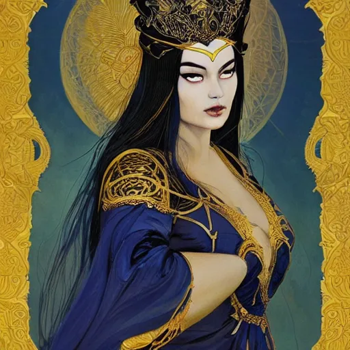 Prompt: painting of junoesque plus size priestess of the moon, golden filigree armor and tiara, right arm raised above head, moon above head, dark blue straight hair, smooth translucent skin, wide striking eyes, beautiful! coherent! by brom, by brian froud, strong line, high contrast, muted color, 4 k, trending on artstation