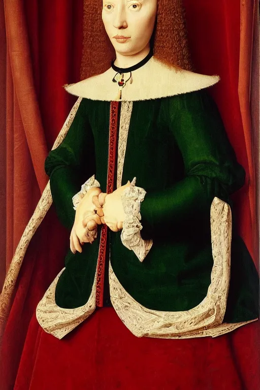 Prompt: portrait of very christine turlington by jan van eyck