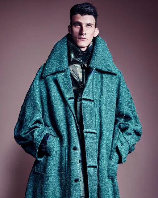 Prompt: an award - winning photo of a male model wearing a cropped baggy teal distressed medieval menswear coat by issey miyake, 4 k, studio lighting, wide angle lens