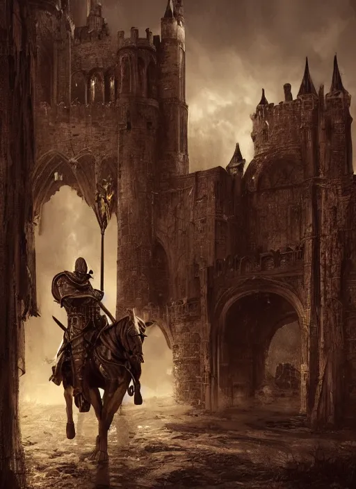 Prompt: knight on his horse stranding infront of a huge medieval castle gate, gothic, brutalist architecture, dramatic lighting, cinematic, establishing shot, extremly high detail, foto realistic, cinematic lighting, post processed, concept art, artstation, matte painting, style by eddie mendoza, raphael lacoste, alex ross