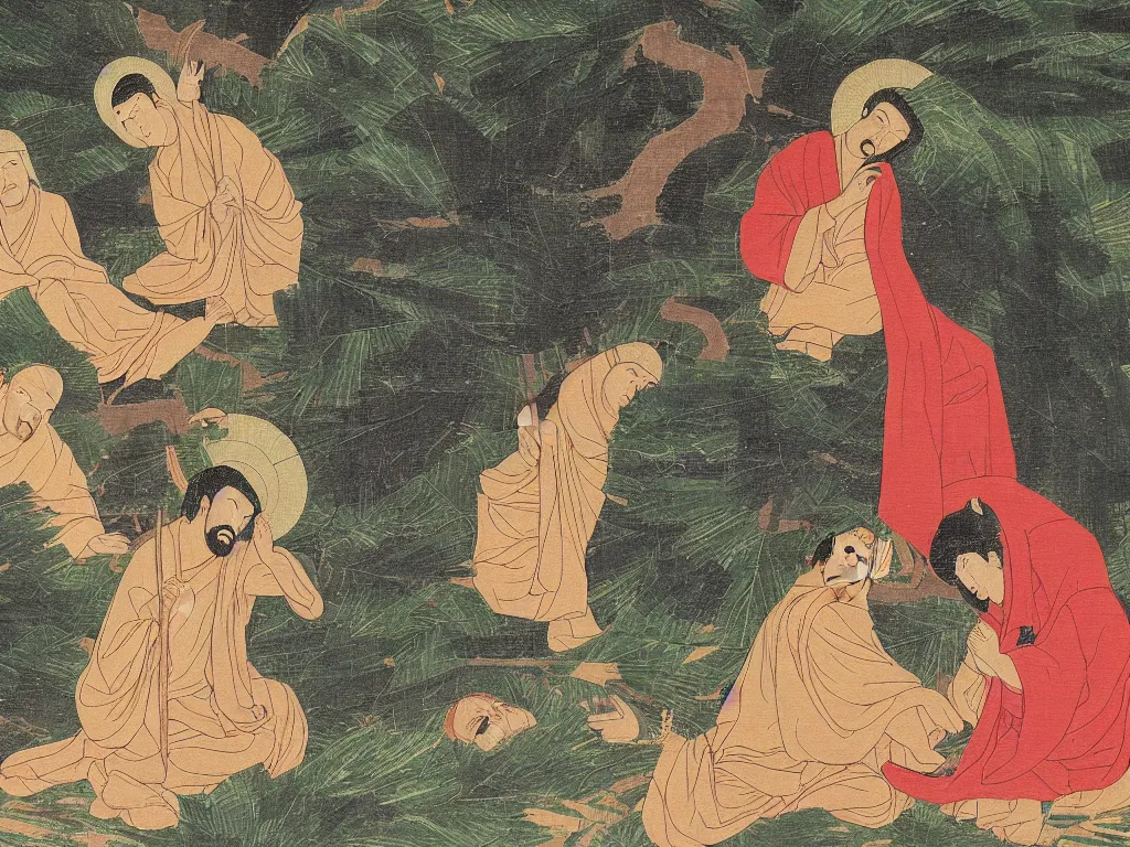 Prompt: Jesus and Buddha are taking cover from the rain under a giant palm leaf. Japanese Zen painting