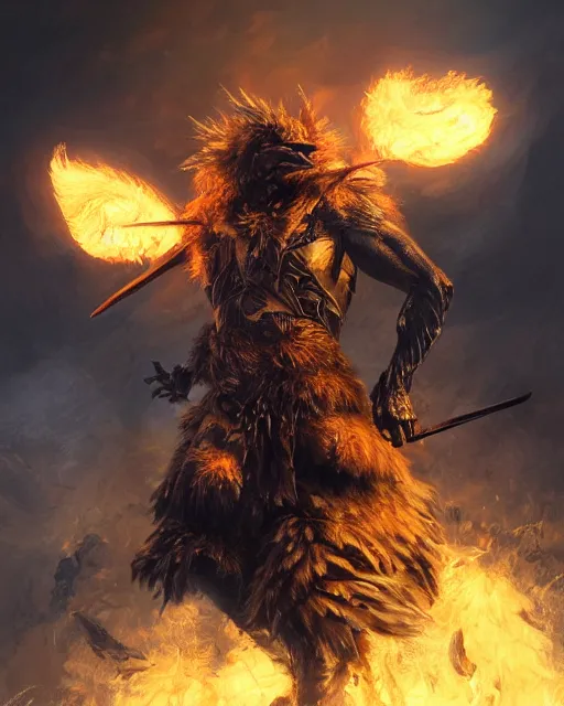 Image similar to oil painting of Angry Anthropomorphized Swan Berserker, wearing fur armor, claws, sharp focus, attack pose, fantasy style, octane render, volumetric lighting, 8k high definition, by greg rutkowski, highly detailed, trending on art Station, magic the gathering artwork, burning Battlefield background, centered