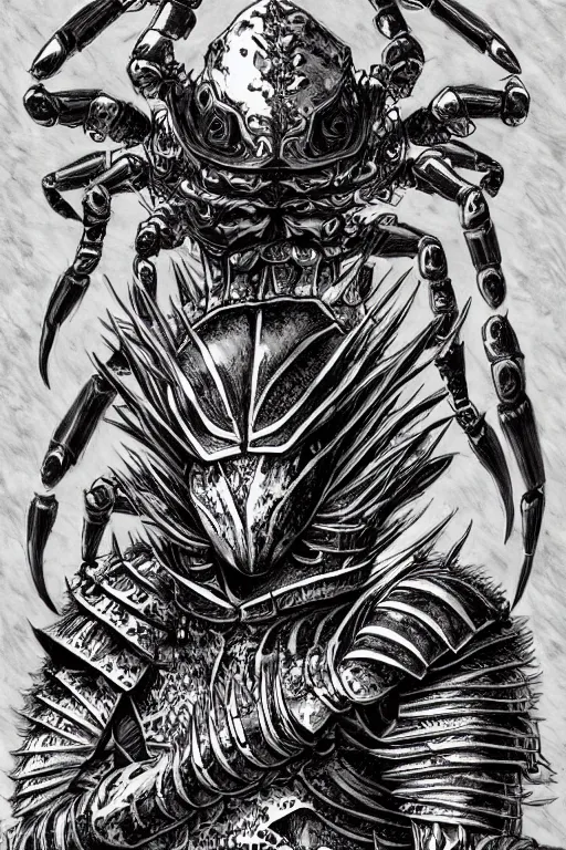 Image similar to human warrior, crab themed armour, crab claws symmetrical, highly detailed, digital art, needles, sharp focus, trending on art station, kentaro miura manga art style