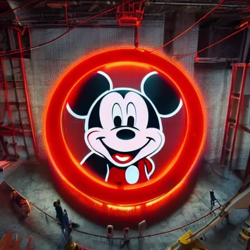 Image similar to top - view of workers / mechanic working on mickey mouse giant head, big red glowing netflix logo in behind wall, low cinematic lighting, front lit, beeple, cgsociety, unreal engine, octane render, trending on art station, highly detailed 4 k art, intricate, hyperr realistic