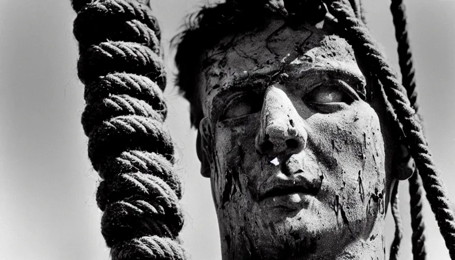 Image similar to 1 9 7 0 s movie still close - up of marcus atilius regulus'face tied with ropes at a pole with forced - open bleeding eyes looking at the burning sun, cinestill 8 0 0 t 3 5 mm b & w, high quality, heavy grain, high detail, texture, dramatic light, anamorphic, hyperrealistic, detailed hair