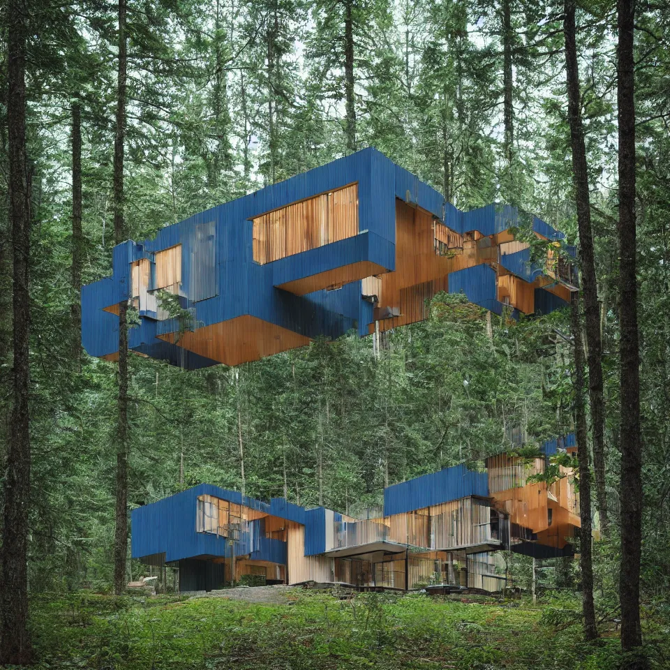 Prompt: architecture ad for a mid-century modern house in the forest, designed by Bjarke Ingels. Film grain, cinematic, colorized, blue hue