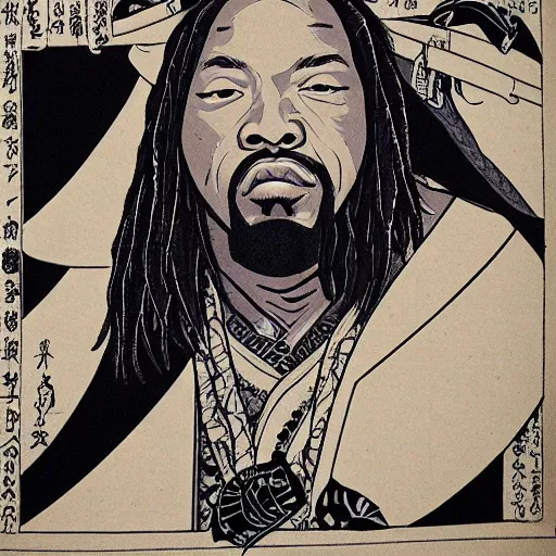 Prompt: U-God from Wu-tang Clan rapping, portrait, style of ancient text, hokusai