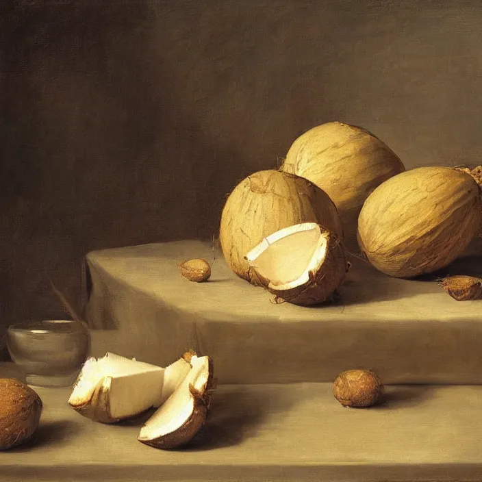 Image similar to still life painting of halved coconuts by pieter claesz, oil on canvas, strong lighting, highly detailed, hyper realism, golden hour, god rays, hd, 4 k