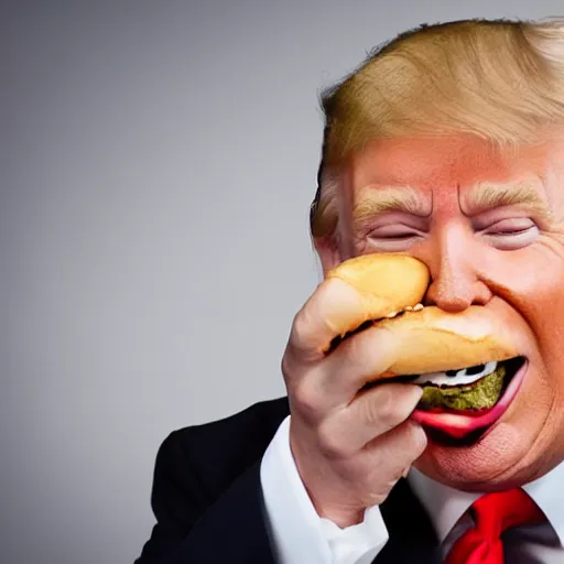 Image similar to photo still of donald trump! licking! a burger with his! tongue! out, mmmmm, moist, studio portrait photo, studio lighting, rim light, key light, food photography, 3 5 mm f 1. 8