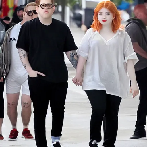 Prompt: Jonah Hill holding hands with Dahyun. Dahyun is so pretty. Jonah Hill is so handsome. They're So SO SO in love. They look cute together and really want to kiss. paparazzi photo.