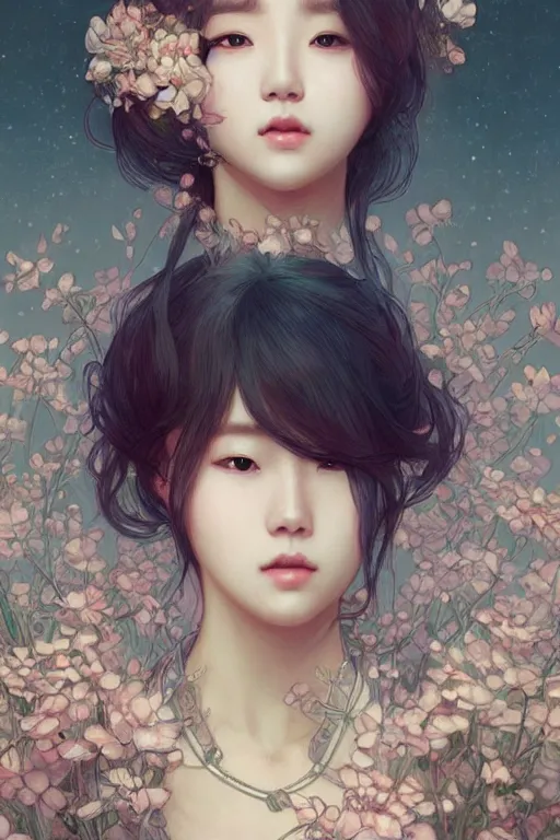 Image similar to beautiful cottagecore BTS k-pop band, phone wallpaper. intricate, elegant. the background is babylue !. highly detailed, digital painting, artstation, concept art, smooth, sharp, focus, illustration. . art by artgerm and greg rutkowski and alphonse mucha