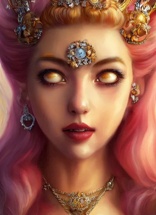 Prompt: portrait Princess Peach as of the Goddess of Wisdom, elegant, intricate, rococo full frontal shot, highly detailed, digital painting, artstation, concept art, sharp focus, illustration, art by artgerm