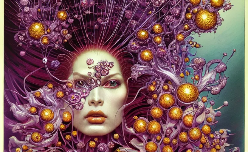 Prompt: flower creature, a lot of diamonds around, face symmetry, by ayami kojima, by francis bacon, smooth shading, by amano, by karol bak, greg hildebrandt, by mark brooks, by moebius, by alex grey, by zdzisław beksinski, 8 0's sci - fi, retro, wrapped thermal background