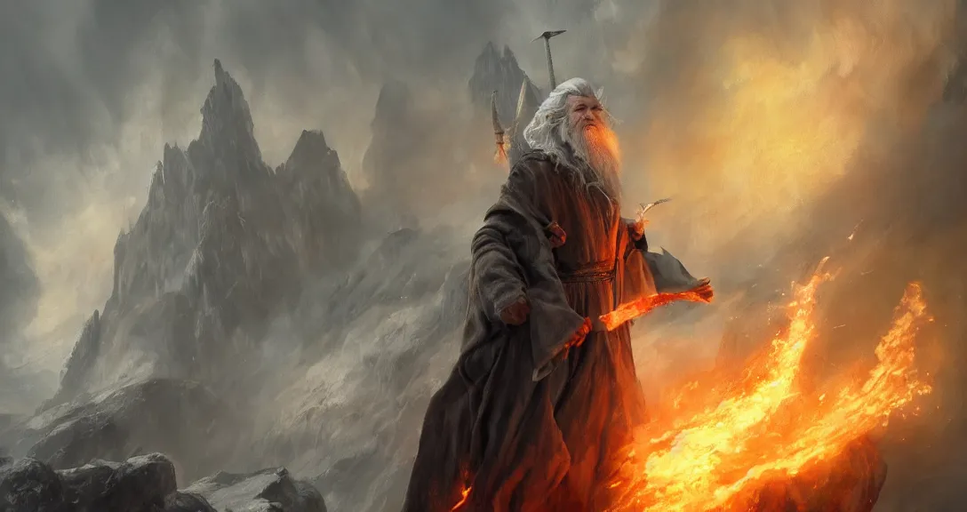 Image similar to gandalf the grey as a balrog, lava, fire, flaming sword, intricate, detailed, volumetric lighting, scenery, digital painting, highly detailed, artstation, sharp focus, illustration, concept art, ruan jia, steve mccurry