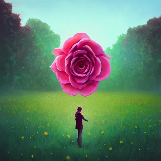 Image similar to portrait, giant rose flower head, girl in a suit, surreal photography, sunrise, blue sky, dramatic light, impressionist painting, digital painting, artstation, simon stalenhag