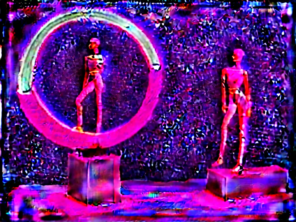 Image similar to beautiful mannequin sculpted out of amethyst by billelis + lit with 3 d geometric neon + facing a doorway opening with neon pink geometric fractal light + flowering hosta plants!!!, moon + city of los angeles in background!! dramatic, rule of thirds, award winning, 4 k, trending on artstation, photorealistic, volumetric lighting, octane render