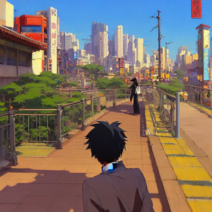 Prompt: front view painting of a stone railing urban japanese city in the background in the style of cowboy bebop, anime style, calm, sunny day, bright, artwork by jeremy lipkin and giuseppe dangelico pino and michael garmash and rob rey and greg manchess and huang guangjian and makoto shinkai, sharp edges, simple form, 1 0 0 mm