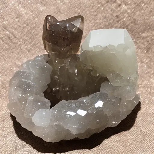 Prompt: Cat made of quartz crystal, faceted, gem quality, living stone, mineral beast, cute, cuddly, wholesome, dazzling, sparkling