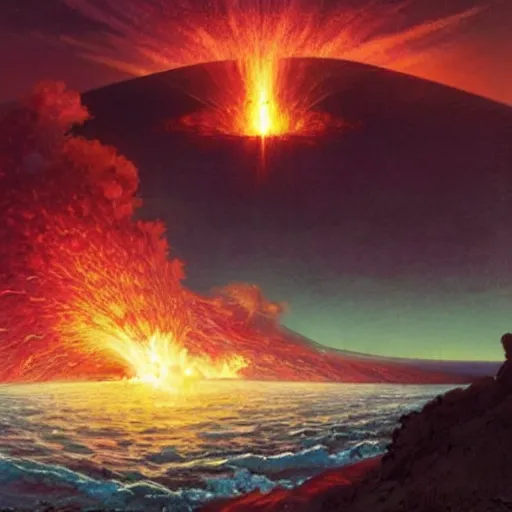 Prompt: looking from space at Exploding volcano in middle of the sea with pink beach and shiny sun in back ground and alien plants on beach, overdetailed art, by greg rutkowski, by Alfons Mucha, complementing colors