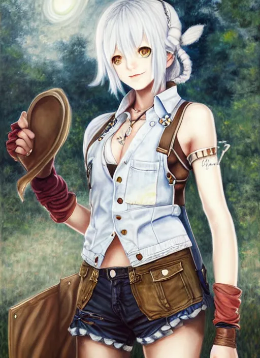 Image similar to a portrait of catgirl wearing white vest, and denim shorts an ultrafine detailed painting, detailed painting, boris valejo. octopath traveler