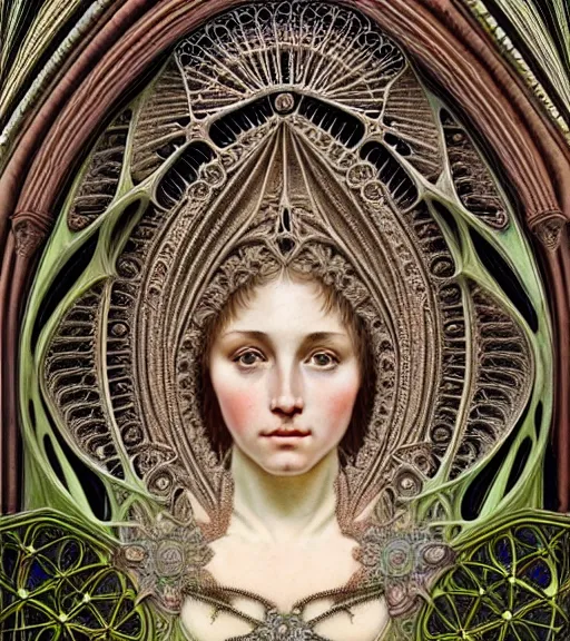 Image similar to hyperrealistic detailed face portrait of a beautiful young goddess morphing into a gothic cathedral, authentic ornamental architecture, intricate and highly detailed, awe inspiring art by ernst haeckel, h. r. giger, alphonso mucha, android jones, james jean, gothic, neo - gothic, heavily ornamental, nice deep colours,