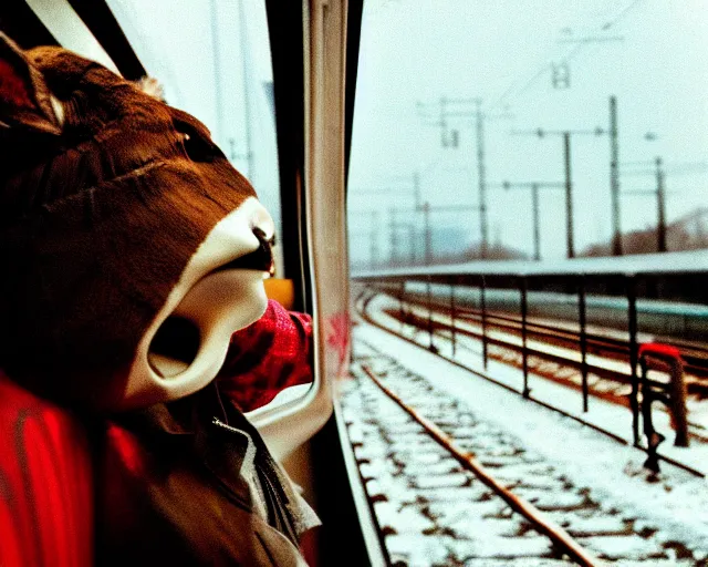 Image similar to a lomography photo of rumble between two human with deer head in soviet train this morning, bokeh,