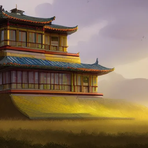 Image similar to rectangular house inspired by a tibetan palace, open field, big trees, yellow clouds, dramatic lighting, artstation, matte painting, raphael lacoste, simon stalenhag, frank lloyd wright