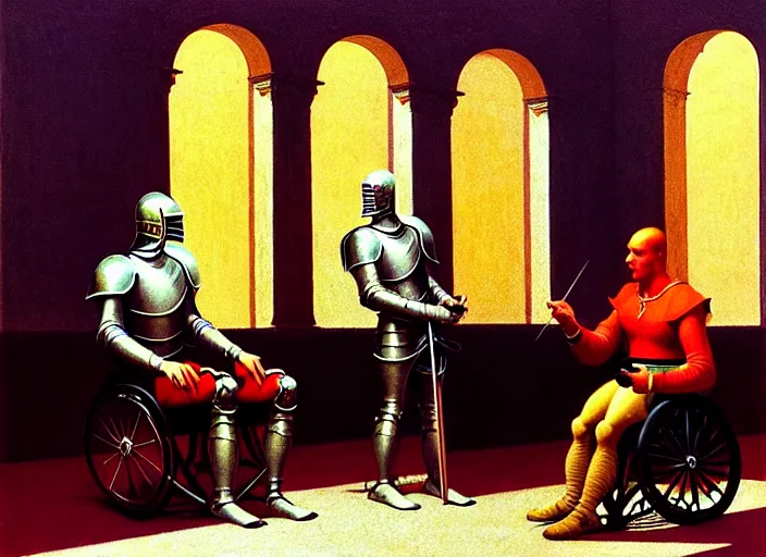 Prompt: knight in rich armor in a wheelchair do tricks & watch old tv, rome, highly detailed, soft lighting, elegant, by edward hopper and james gillard, zdislaw beksinski, stephen outram, andreas m wiese, carl spitzweg, syd mead, highly detailed, masterpiece, unreal 6, 8 k