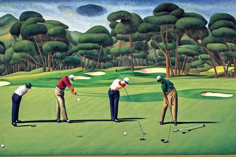 Image similar to Three golfers on a beautiful golf course driving range, by Diego Rivera