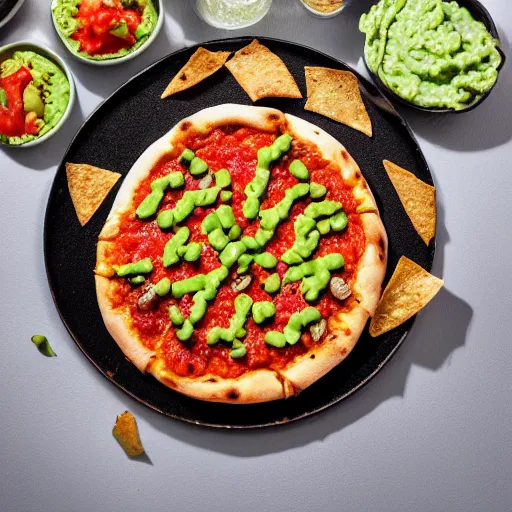 Image similar to photo of a pizza with nacho topping, salsa, guac, chilli beans