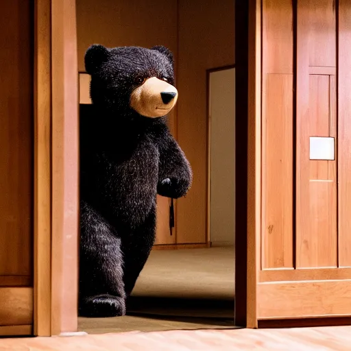 Image similar to dark photograph of a small bear mascot walking through a large wooden doorway