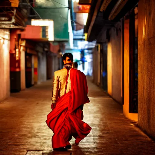 Prompt: a dramatic photograph of a person wearing traditional indian clothes, person wearing indian traditional clothes walking in a modern city, cinematic lighting