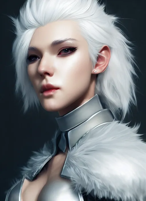 Image similar to fur - lined armor!!! beautiful and elegant white haired female!! gorgeous ayes!! character concept art, sharp focus, octane render! unreal engine 5! highly rendered!! trending on artstation!! detailed linework!! illustration by artgerm and wlop