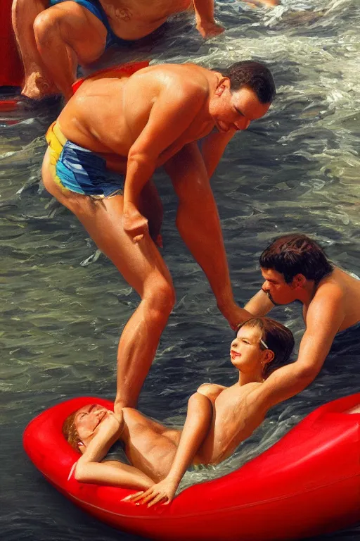 Image similar to george costanza being saved by a life guard, oil on canvas, intricate, portrait, 8 k highly professionally detailed, hdr, cgsociety