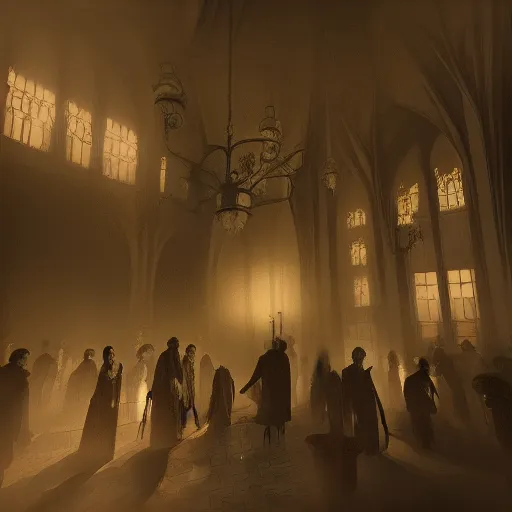 Prompt: A room full of people, vampires, high ceiling, victorian, dracula, soft light, ominous, photorealistic, detailed, 8k