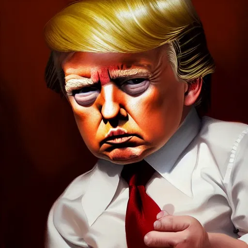 Image similar to portrait donald trump as a scowling toddler, fine art, award winning, desaturated, brown tones, intricate, elegant, sharp focus, cinematic lighting, digital painting, 8 k concept art, by michael hussar and greg manchess and brom and z. w. gu, 8 k