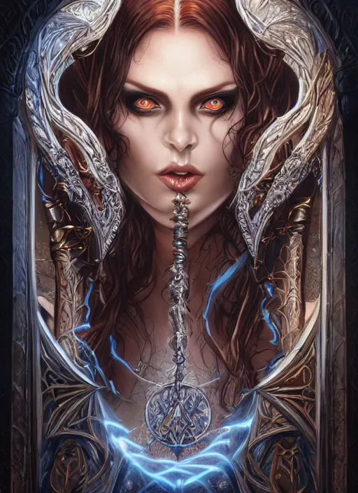 Image similar to a highly detailed symmetrical painting of a sorceress with piercing beautiful eyes, dark tomb setting, dynamic lighting, ambient lighting, deviantart, art by mark brooks and artgerm and karol bak