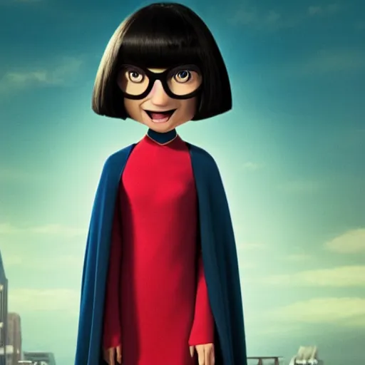 Prompt: a still of upset Edna Mode wearing a cape, Pixar (2018)