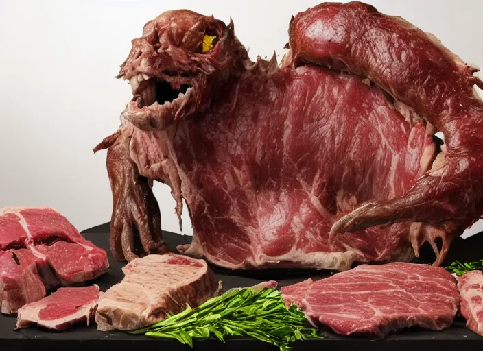 Image similar to qvc tv show product showcase pile of nasty meat raw flesh beast devil, studio lighting, limited time offer, call now, extremely detailed, horror, 4 k, hd