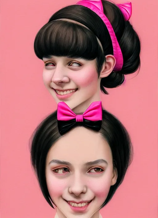 Prompt: portrait of high school girl, realistic, black hair, bangs, half updo hairstyle, pointy nose, skinny, smile, ugly, defined jawline, big chin, pink hair bow, earrings, intricate, elegant, yearbook photo, highly detailed, digital painting, artstation, sharp focus, illustration, art by wlop, mars ravelo and greg rutkowski