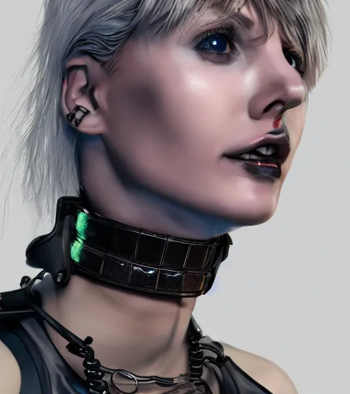 Prompt: detailed realistic female character cyberpunk wearing thick steel collar around neck, realistic, art, beautiful, 4K, collar, choker, collar around neck, punk, artstation, detailed, female, woman, choker, cyberpunk, neon, punk, collar, choker, collar around neck, thick collar, tight around neck, punk, leather collar, cyberpunk,