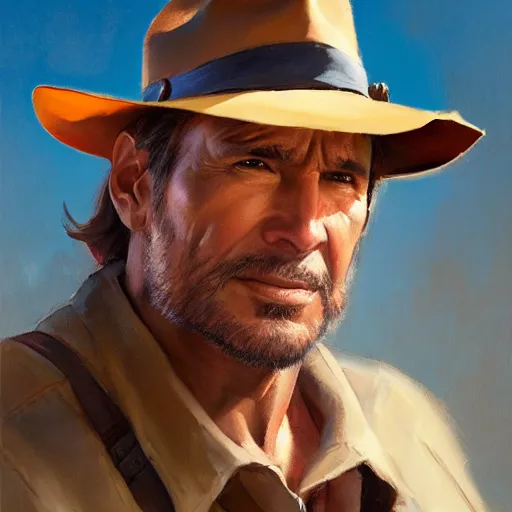 Image similar to greg manchess portrait painting of partially armored indiana jones as overwatch character, medium shot, asymmetrical, profile picture, organic painting, sunny day, matte painting, bold shapes, hard edges, street art, trending on artstation, by huang guangjian, gil elvgren, ruan jia, randy vargas, greg rutkowski